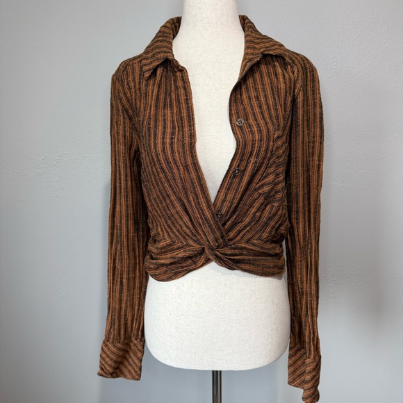Free People Rust and Black Striped Button Down Shirt - Picture 2 of 6